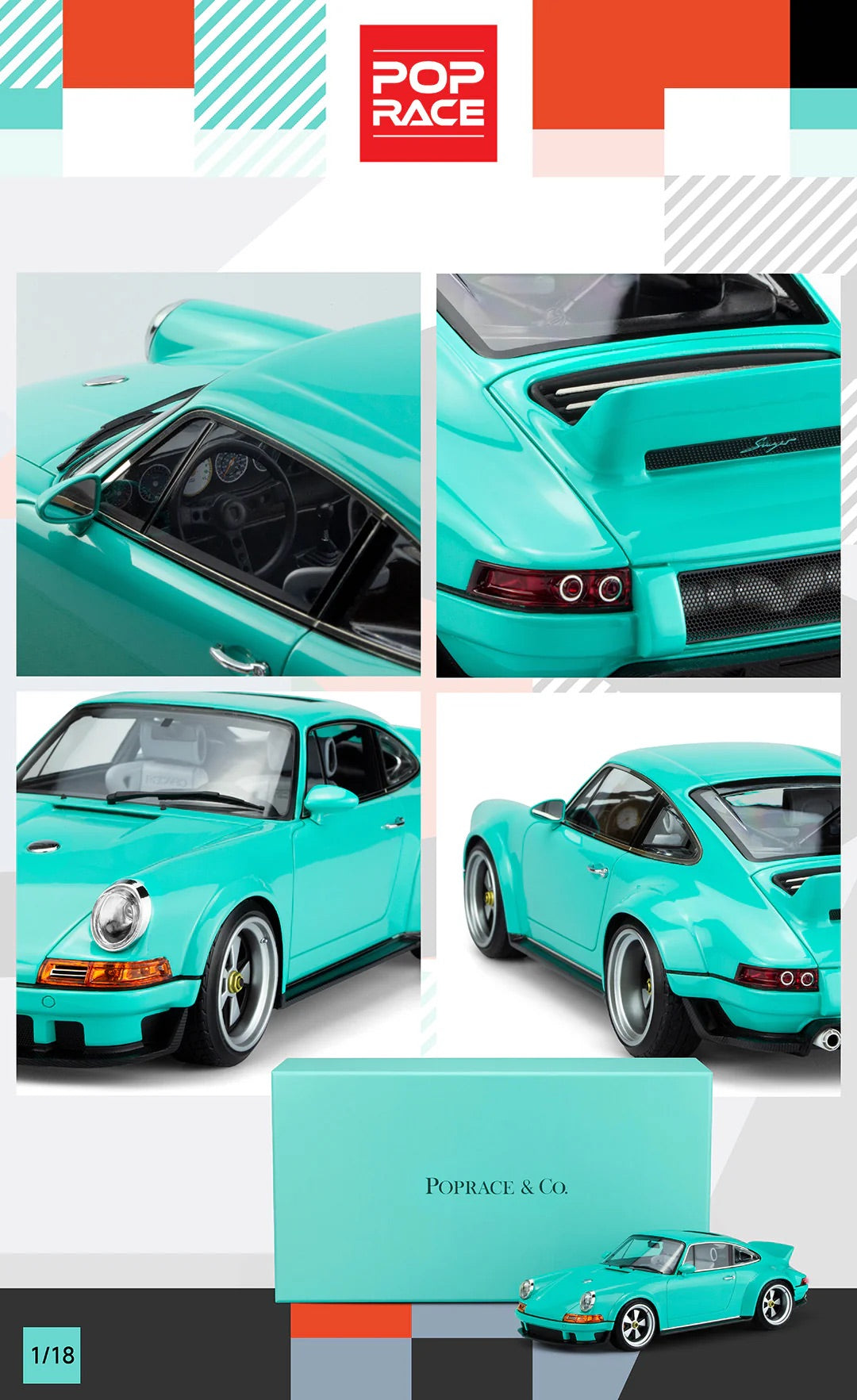 Pop Race Porsche 911 by Singer Coupe DLS Tiffany Blue WITH DISPLAY 1:18