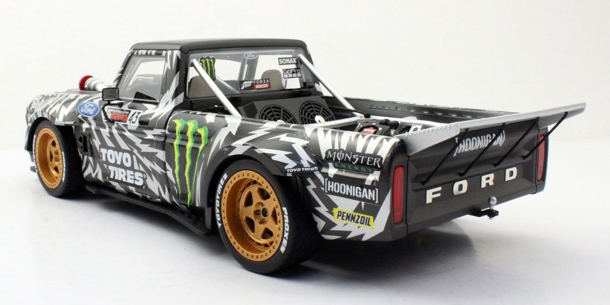 Top Marques 1977 Ford USA F-150 Pick-Up No 43 Hoonigan 2018 Gymkhana Ken Block Black White w/ Gold Wheels 1:18