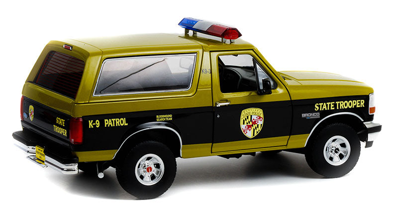 Greenlight 1996 Ford Bronco XLT Maryland State Trooper Police Truck Black/Green 1:18