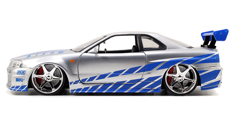 Brian's Nissan Skyline GT-R (R34) in Candy Silver with Blue Stripes - 2 Fast 2 Furious 1:24