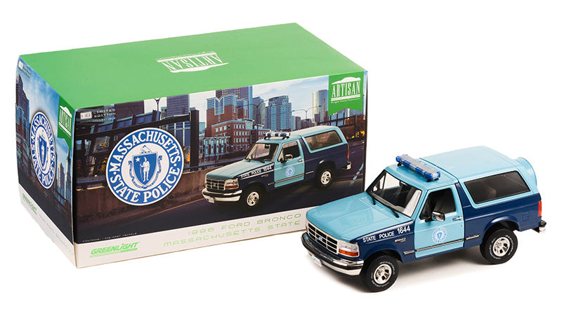 Greenlight 1996 Ford Bronco XLT Massachussetts State Trooper Police Truck Blue 1:18