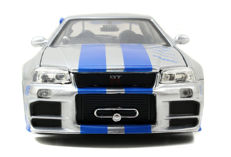 Brian's Nissan Skyline GT-R (R34) in Candy Silver with Blue Stripes - 2 Fast 2 Furious 1:24